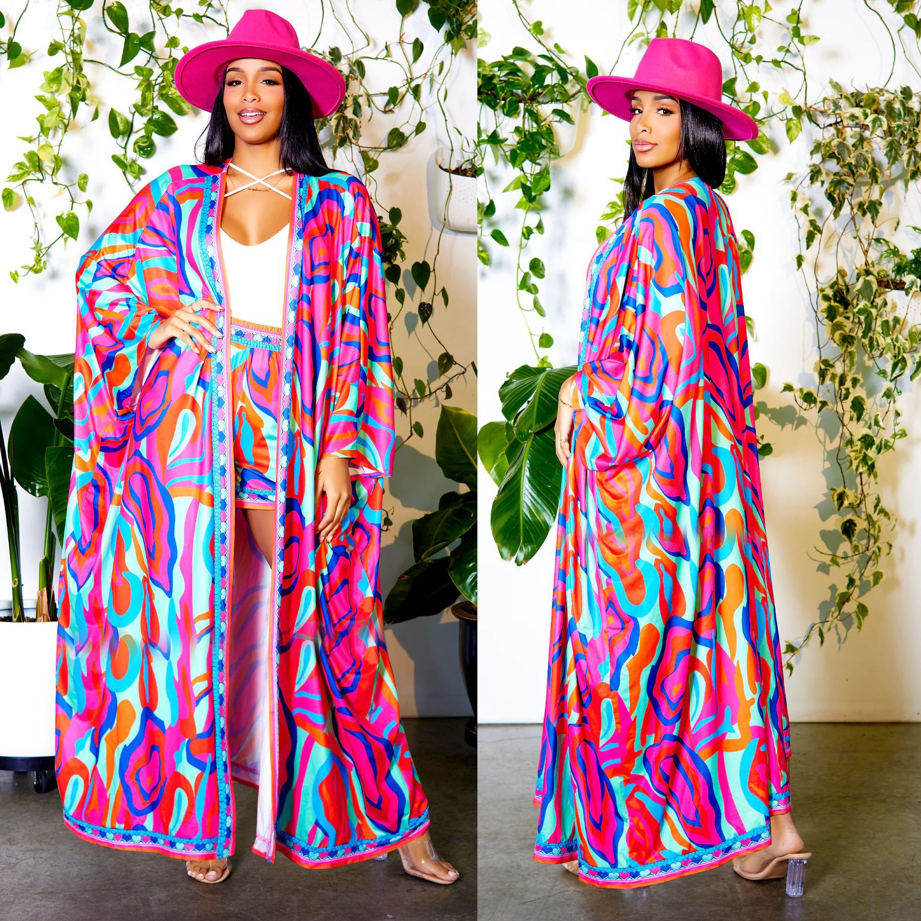 Chiffon Printed Blouse Shorts Suit Sun Protection One Sleeve Cardigan Beach Two Piece Set Women Bella Mia